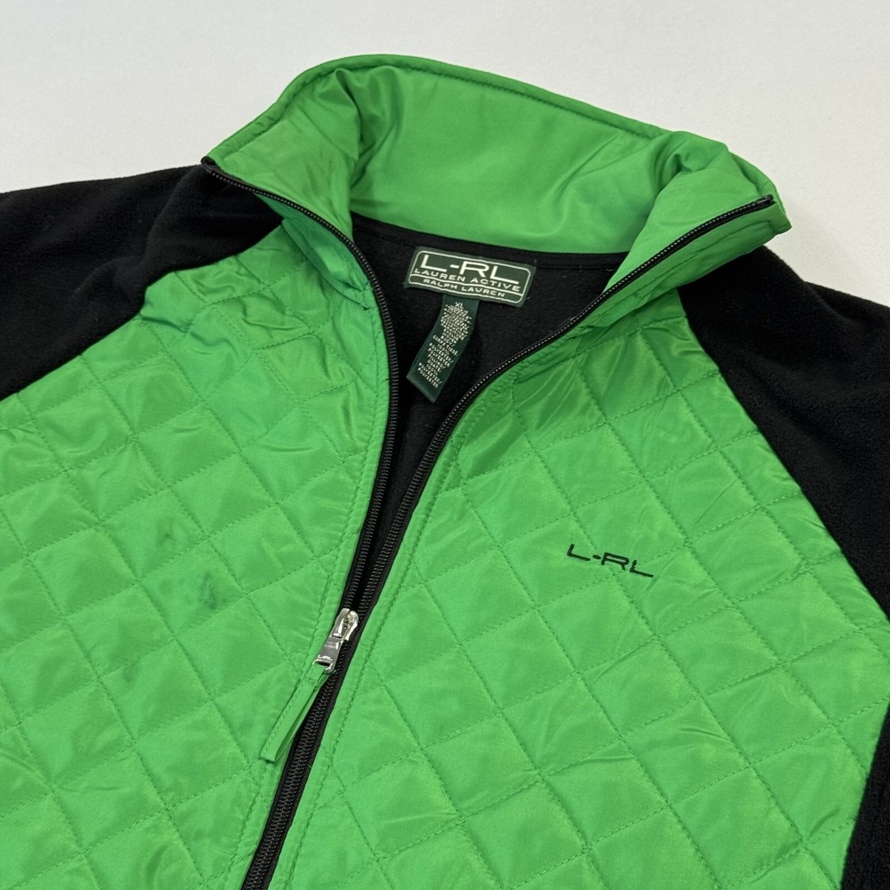 Lauren Ralph Laure Quilted Fleece Sweater Jacket Full Zip Green Black Women's XL - Picture 2 of 10